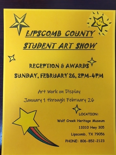 Follett ISD students and family member are invited to the Lipscomb County Student Art Show on Sunday, February 26. The show will take place from 2PM-4PM.